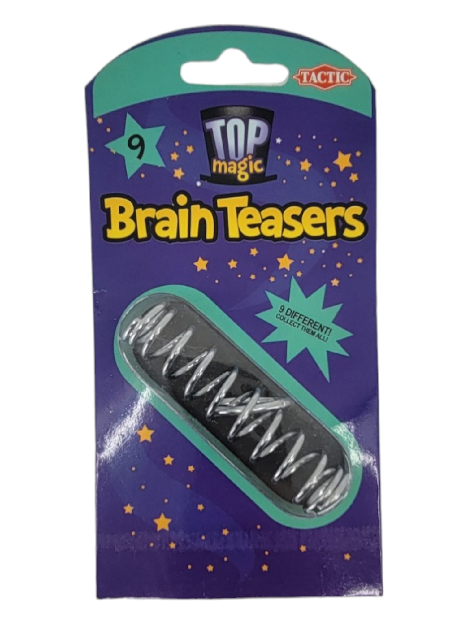 Package of Brain Teasers: Metal Puzzles featuring a metallic disentanglement puzzle inside. Purple box adorned with stars and text highlighting nine different puzzles.