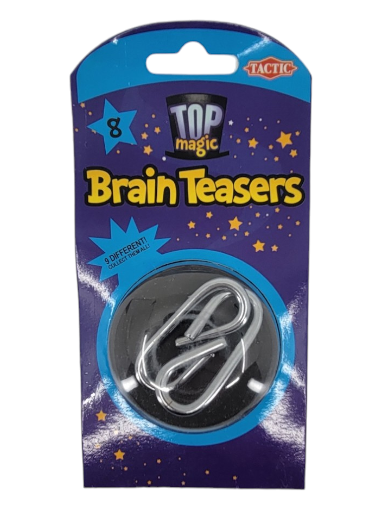 The packaging for Brain Teasers: Metal Puzzles features a captivating blue and purple design adorned with stars, perfectly capturing the allure of its challenging disentanglement puzzles. Dive into the world of brain teasers with these intricate metal challenges, offering 9 different puzzles to choose from.