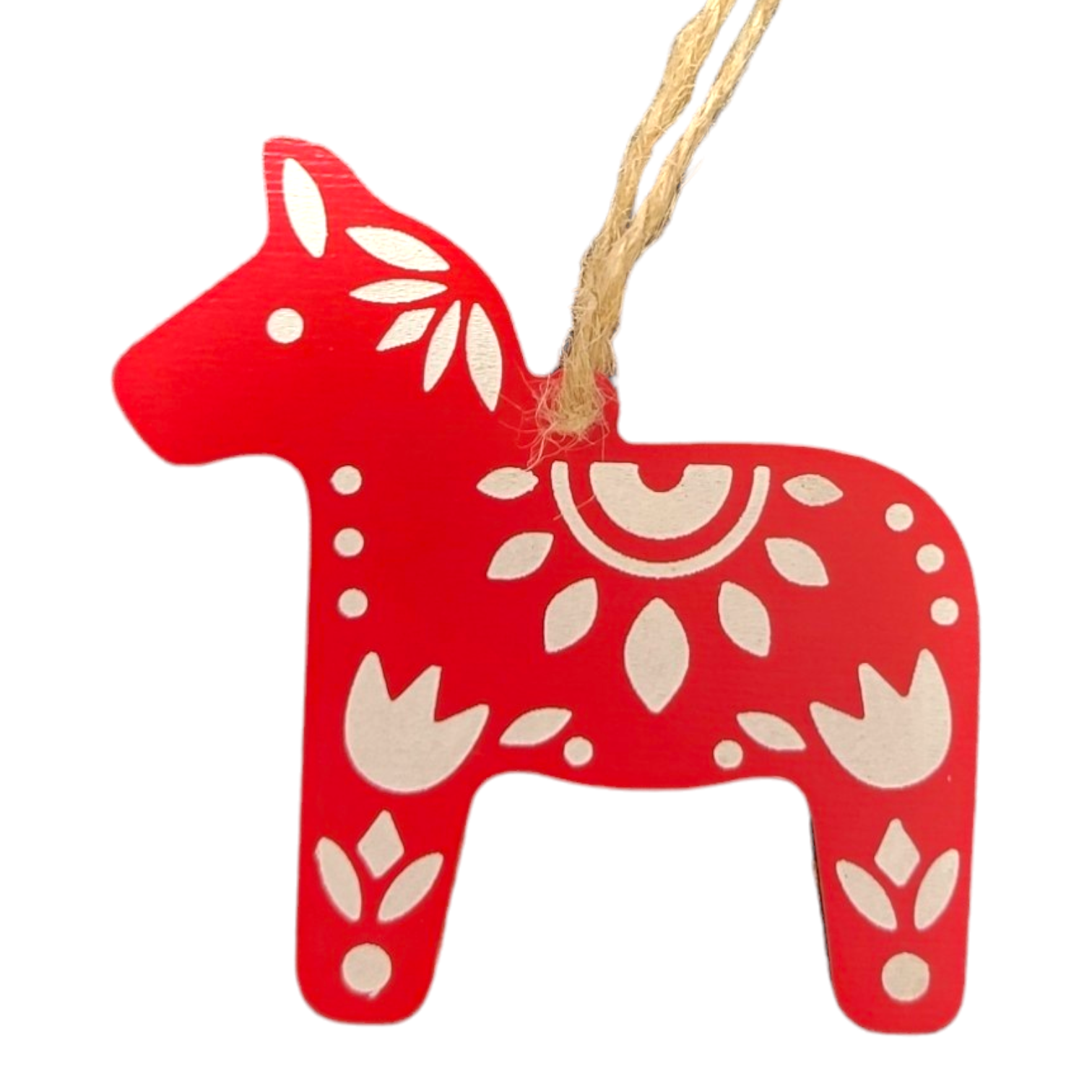 The Ornaments: Swedish Dala Horse with Kurbits Red & White features a red Dala Horse adorned with traditional white floral Kurbits patterns and includes a string loop for hanging on your Christmas tree.