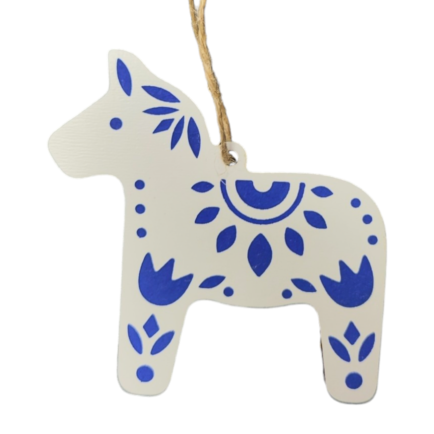 The Swedish Dala Horse White with Blue Scandi Design ornament is a charming piece crafted from eco-friendly birch wood, featuring blue decorative patterns and hanging by a brown string.