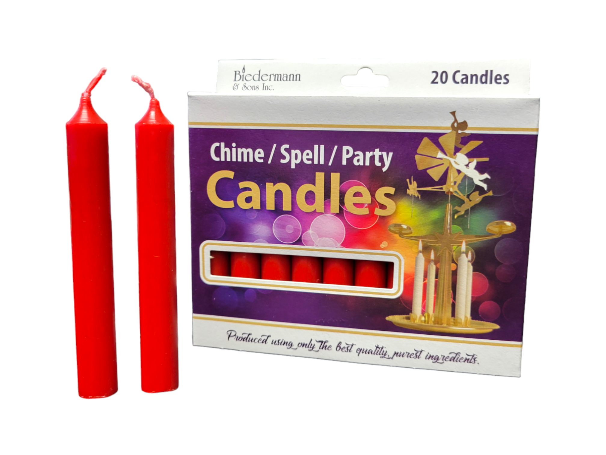 A package of Chime Candles Red .5" (20 Pack) with two candles displayed outside, crafted from premium wax and featuring wicks made of 100% cotton. The packaging is adorned with decorative graphics and text emphasizing the product's quality.