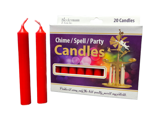 A box of Candles: Red Chime Candles .5" (20 Pack) is shown with two upright red candles beside it and more visible inside—ideal for European chime candle holders or special occasions.