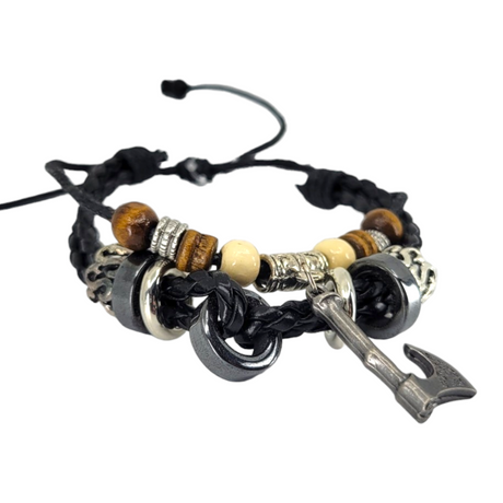 The Viking Armband 3-Strand Braid bracelet features a black braided design with runic charms, including wooden beads, metal rings, and an anchor pendant, secured with an adjustable slip-knot clasp for the perfect fit.