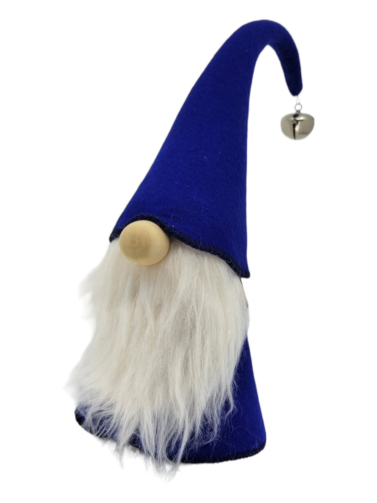 The Tomte: Blue Gnome (12" Inches) is a handcrafted figure that stands at 12 inches tall, showcasing a long white beard and a tall blue hat adorned with a small silver bell.