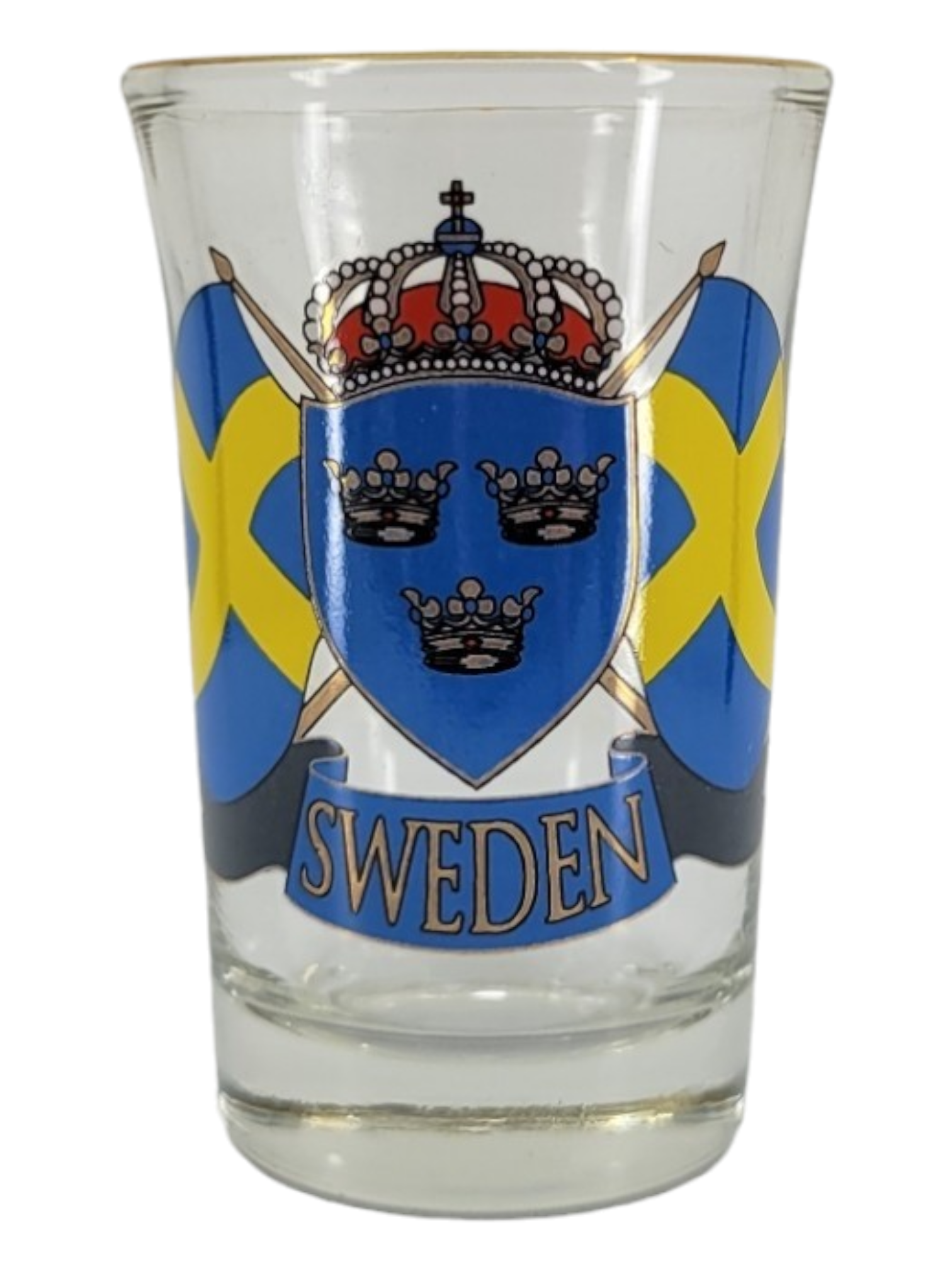 Shot glass from the Nordic 4 Pack, featuring the Swedish coat of arms and flags, crafted in high-quality glass to capture Nordic charm.