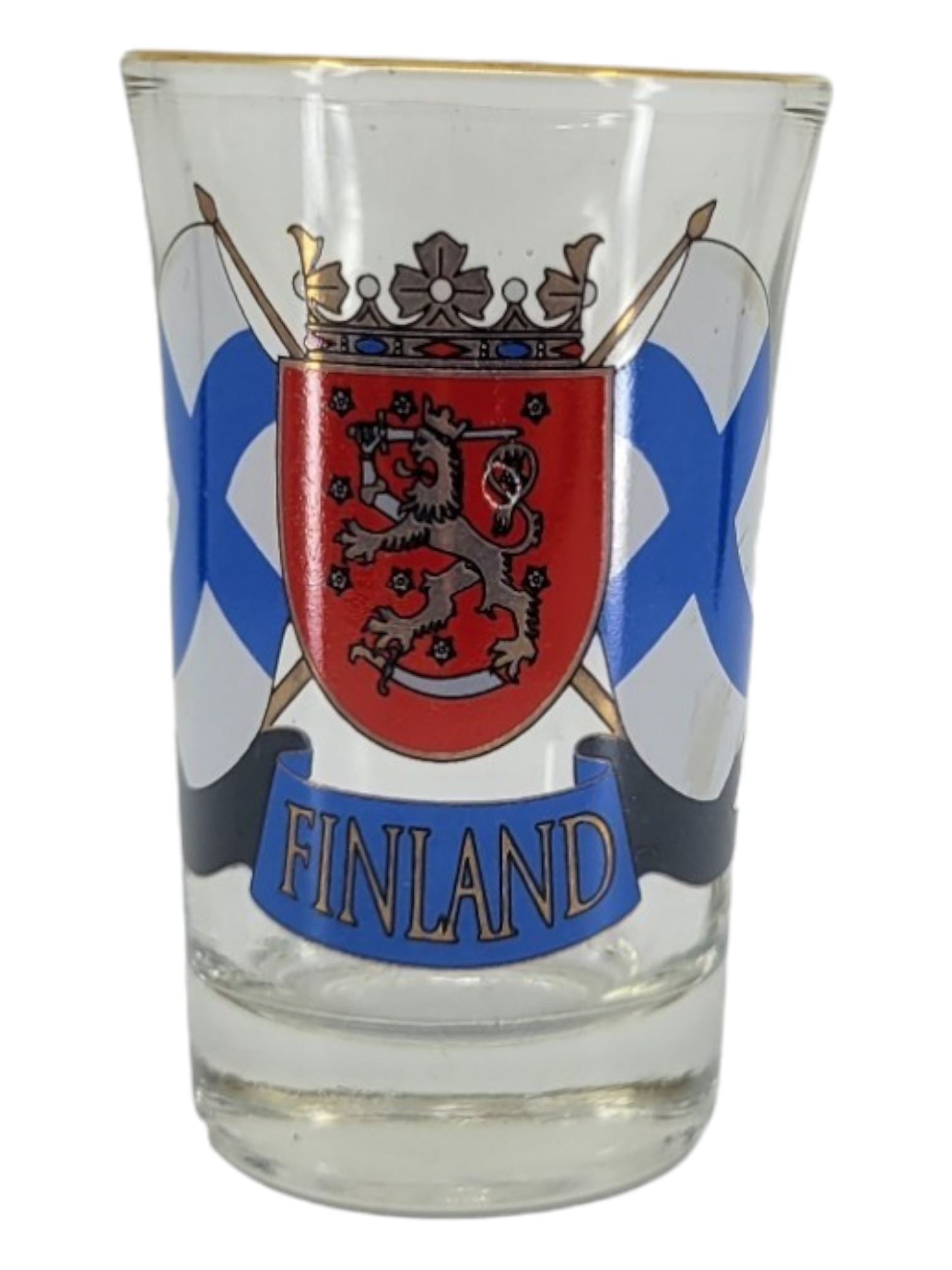 A high-quality shot glass from the Nordic 4 Pack features the Finnish coat of arms with a lion, crossed blue and white flags, and "Finland" at the bottom, exuding a touch of Nordic charm.