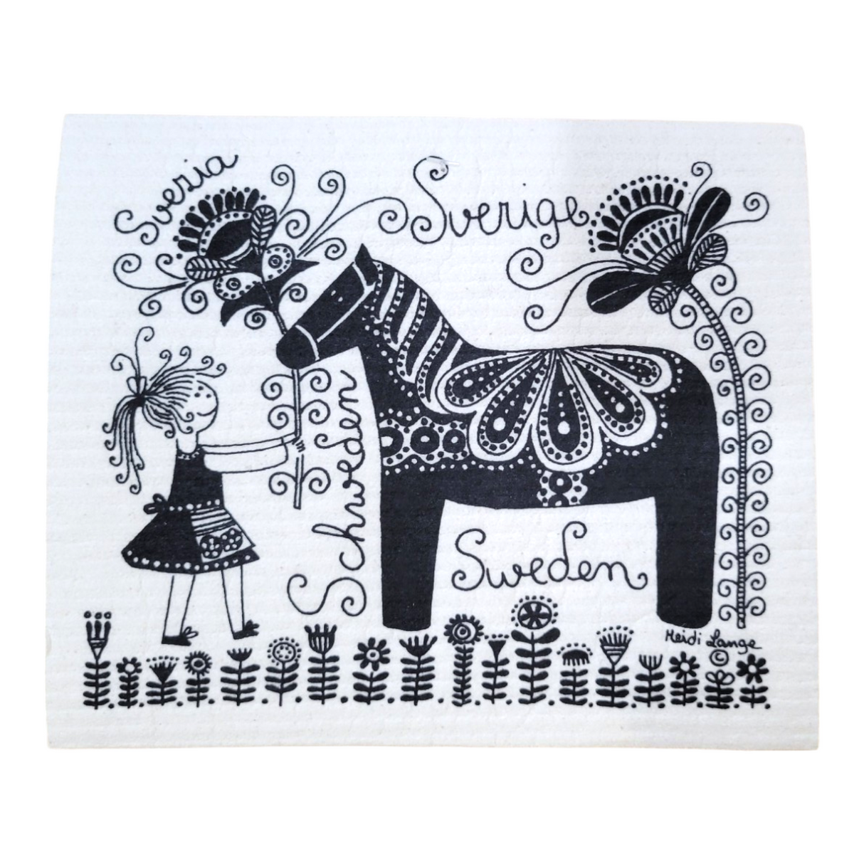 Black and white illustration of a girl with a Dala Horse and flowers, featuring Sverige and Sweden—a charming design by Heidi Lange on the Dish Cloth: Girl with Swedish Dala Horse & Flowers.