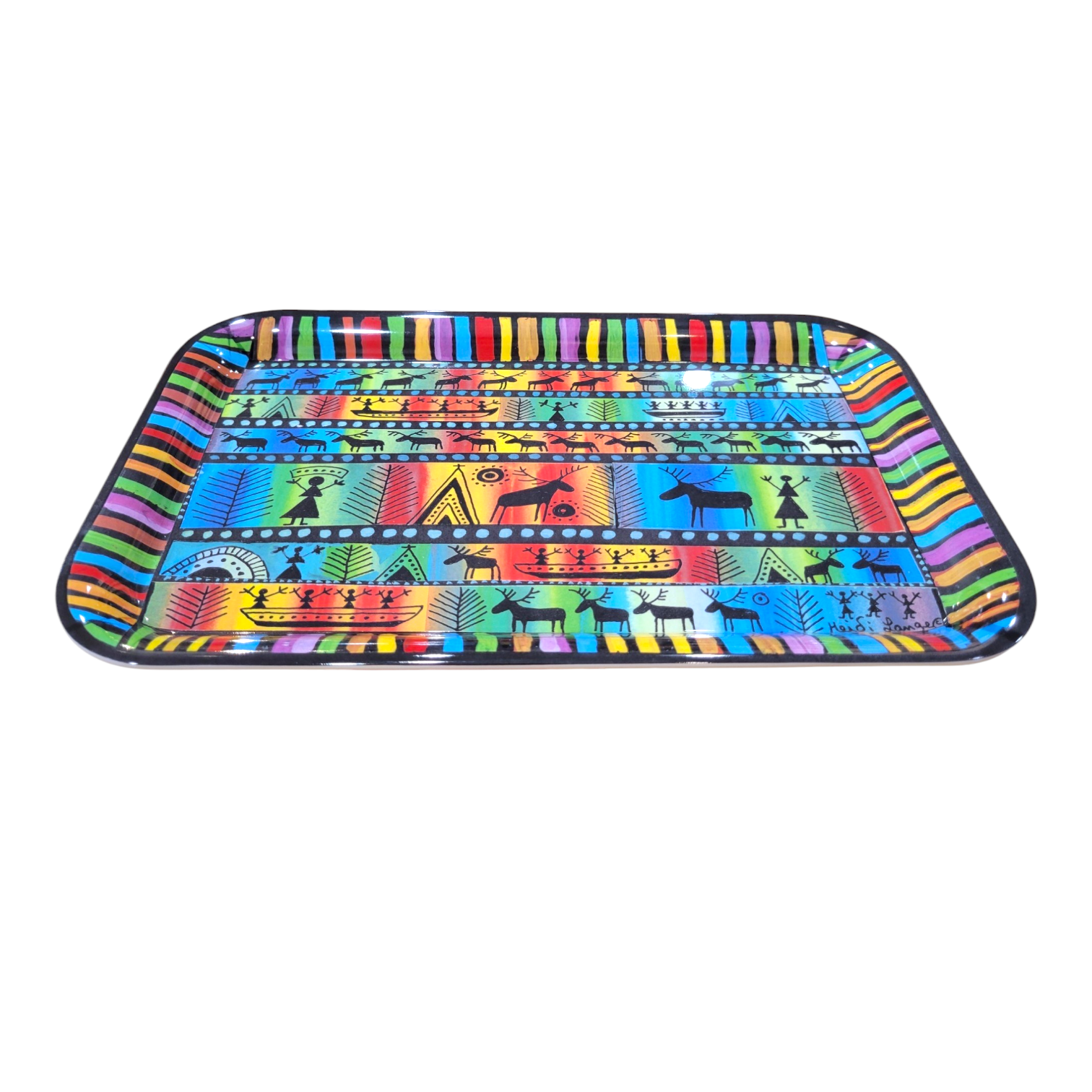 A tray named "Sami Drawings by Heidi Lange" in a rectangular shape showcases vibrant, striped edges and geometric patterns adorned with animal and plant motifs.