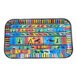 This vibrant tray, named "Sami Drawings" by Heidi Lange, features tribal patterns of people, animals, and geometric shapes on a rainbow background, capturing the essence of Sami life.