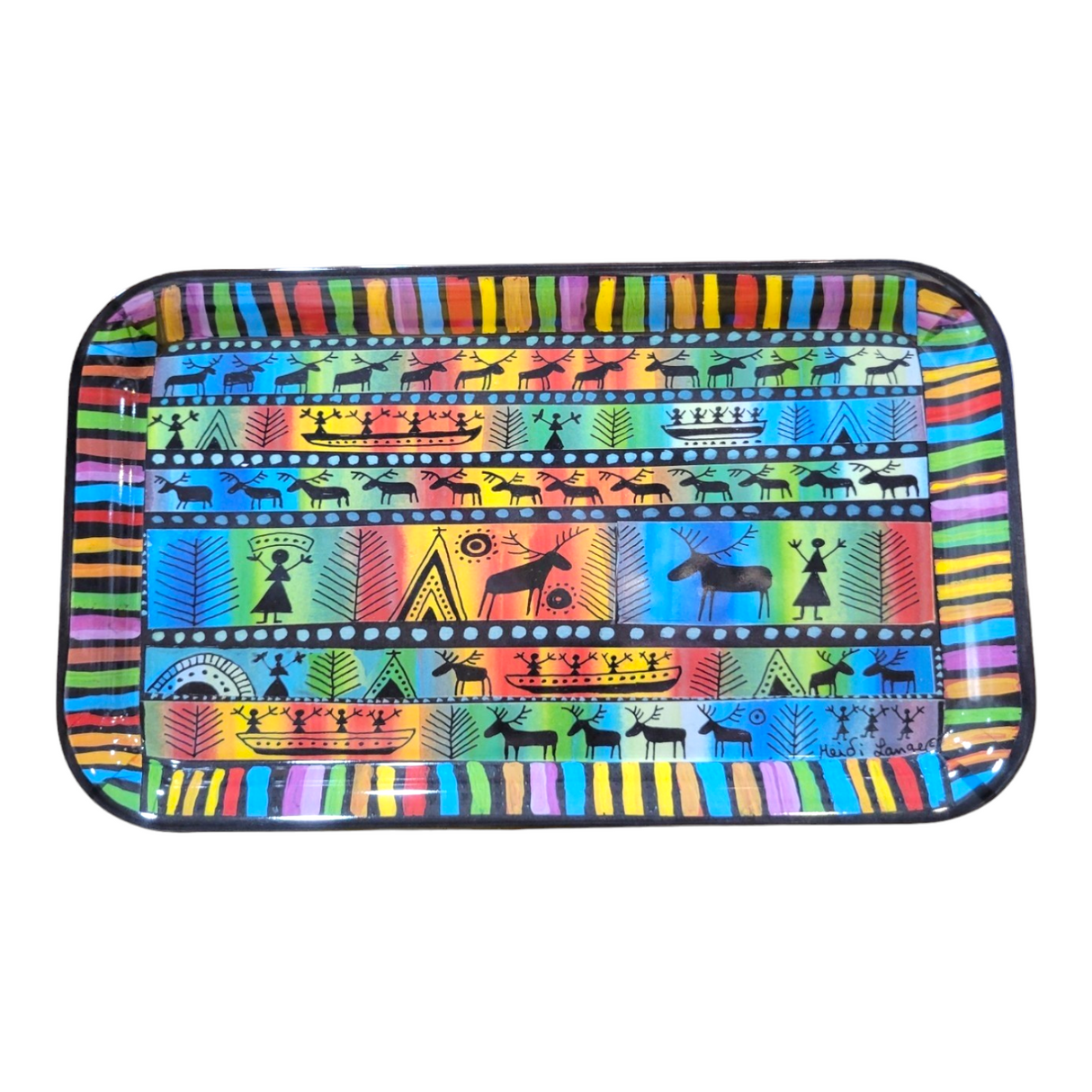 This vibrant tray, named "Sami Drawings" by Heidi Lange, features tribal patterns of people, animals, and geometric shapes on a rainbow background, capturing the essence of Sami life.