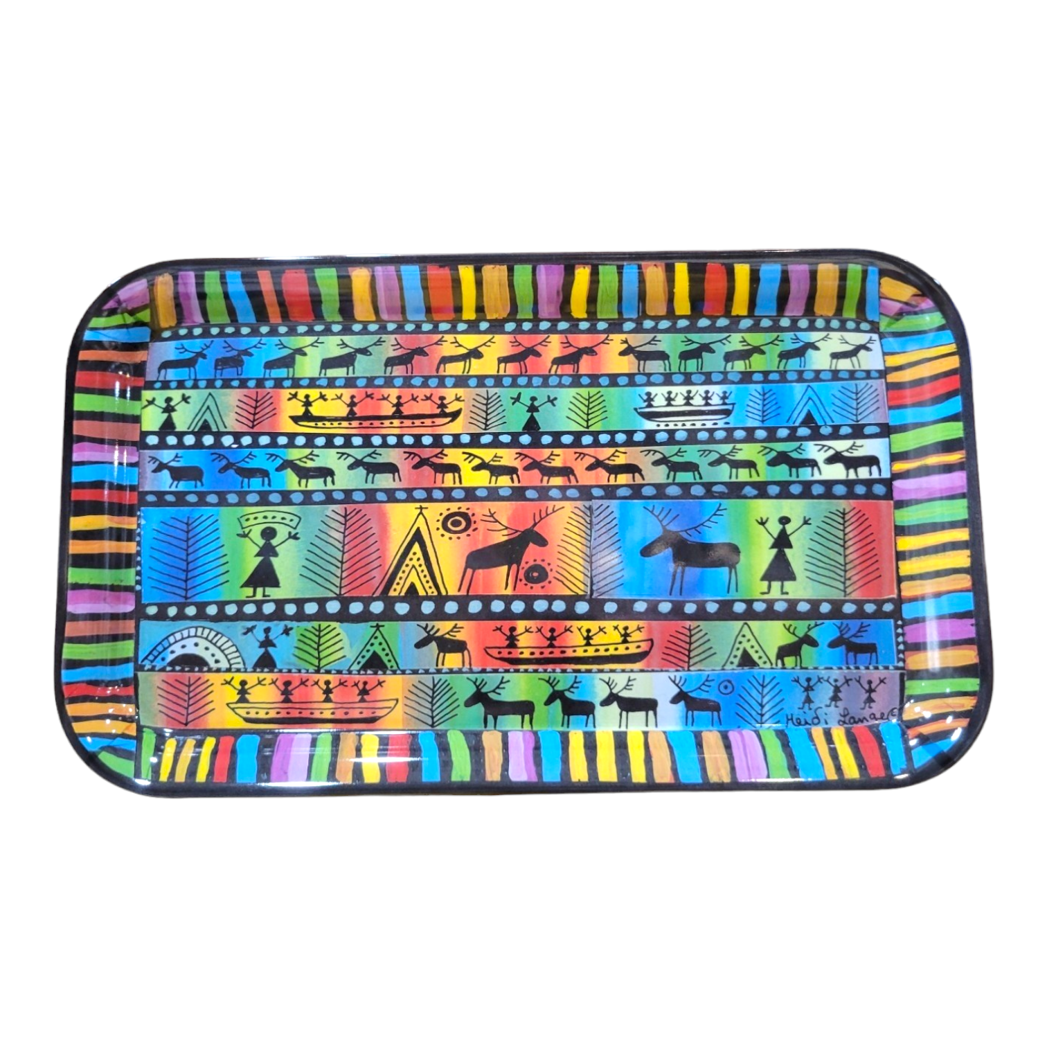 This vibrant tray, named "Sami Drawings" by Heidi Lange, features tribal patterns of people, animals, and geometric shapes on a rainbow background, capturing the essence of Sami life.