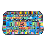 This vibrant tray, named "Sami Drawings" by Heidi Lange, features tribal patterns of people, animals, and geometric shapes on a rainbow background, capturing the essence of Sami life.