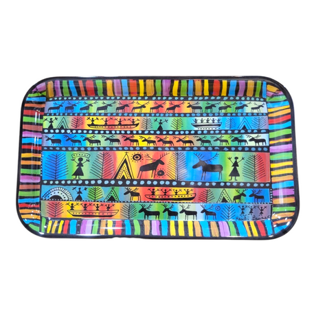 Rectangular tray featuring a vibrant, geometric design depicting animals and human figures in rows, inspired by the spirit of Sami Life; available as the Tray: Sami Drawings by Heidi Lange.