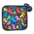 A cotton potholder, "Moose Print on Black with Multi-Color Moose" by Swedish artist Heidi Lange, features colorful moose silhouettes and a tag in the top right corner.