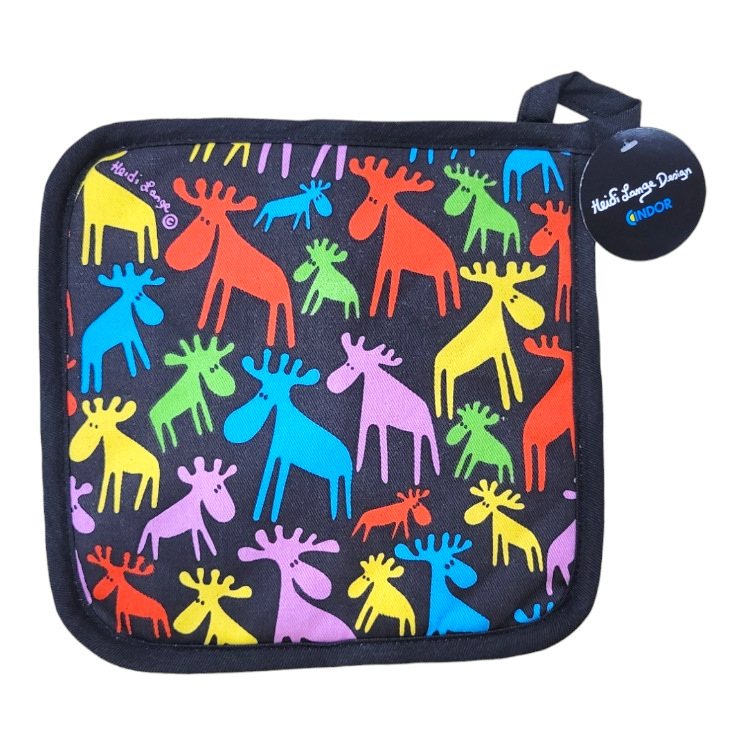 This Potholder: Moose Print Heidi Lange features vibrant moose patterns on a black background and comes with a circular tag attached.