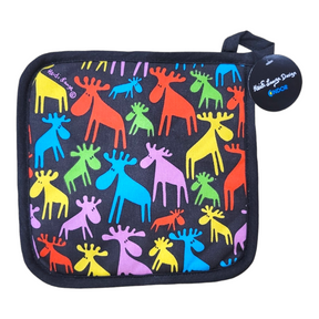 A cotton potholder, "Moose Print on Black with Multi-Color Moose" by Swedish artist Heidi Lange, features colorful moose silhouettes and a tag in the top right corner.