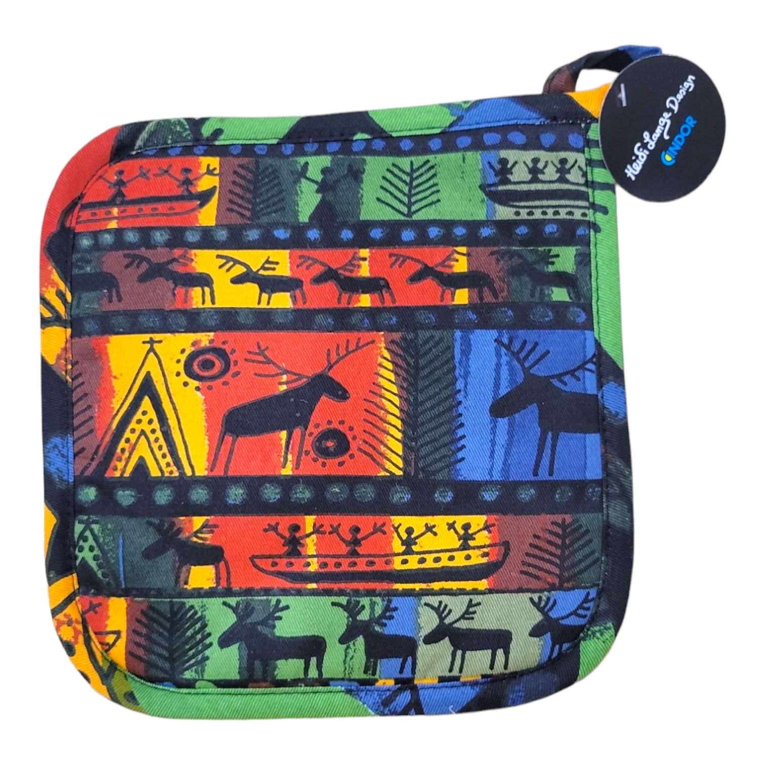 The Sami Heritage Potholder by Heidi Lange features colorful Scandinavian folk art with reindeer, geometric shapes, and vibrant red, yellow, green, and blue sections. A black tag accents the top right corner.