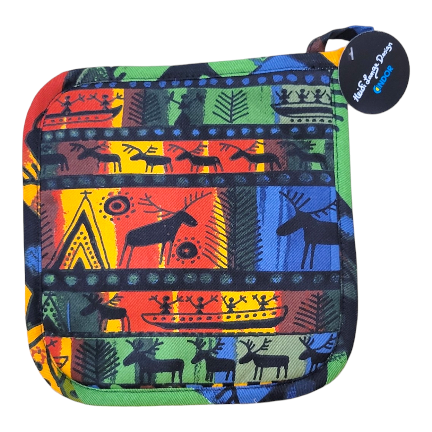 Sami Designs Colored Heidi Lange potholder showcasing a vibrant pattern of reindeer and geometric shapes in shades of red, green, blue, and yellow.