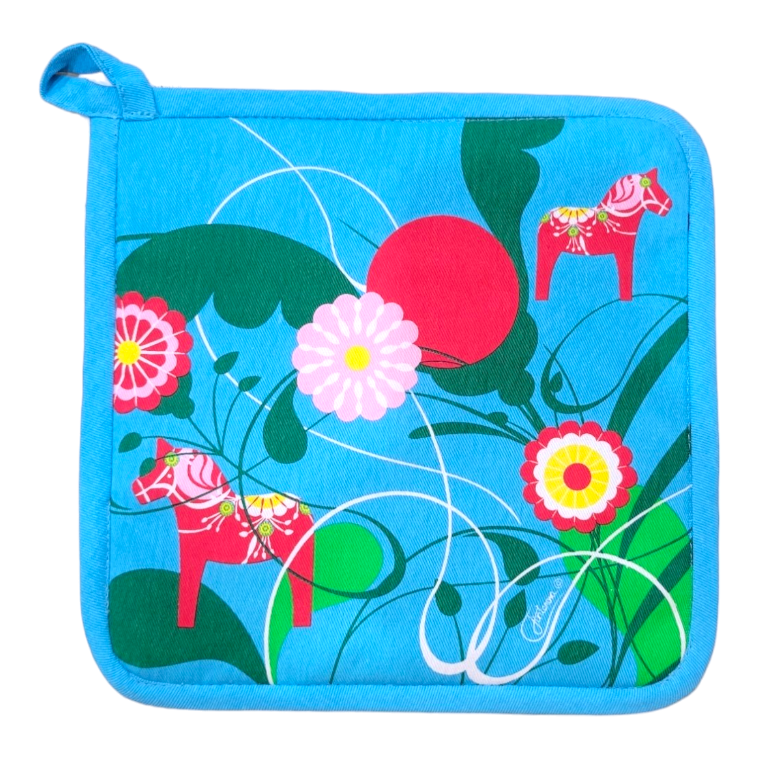 The Potholder: Dala Horse w/Kurbits Light Blue is a charming piece with red Dala horses, pink and red flowers, green leaves, and swirling white lines, inspired by Heidi Lange Design.