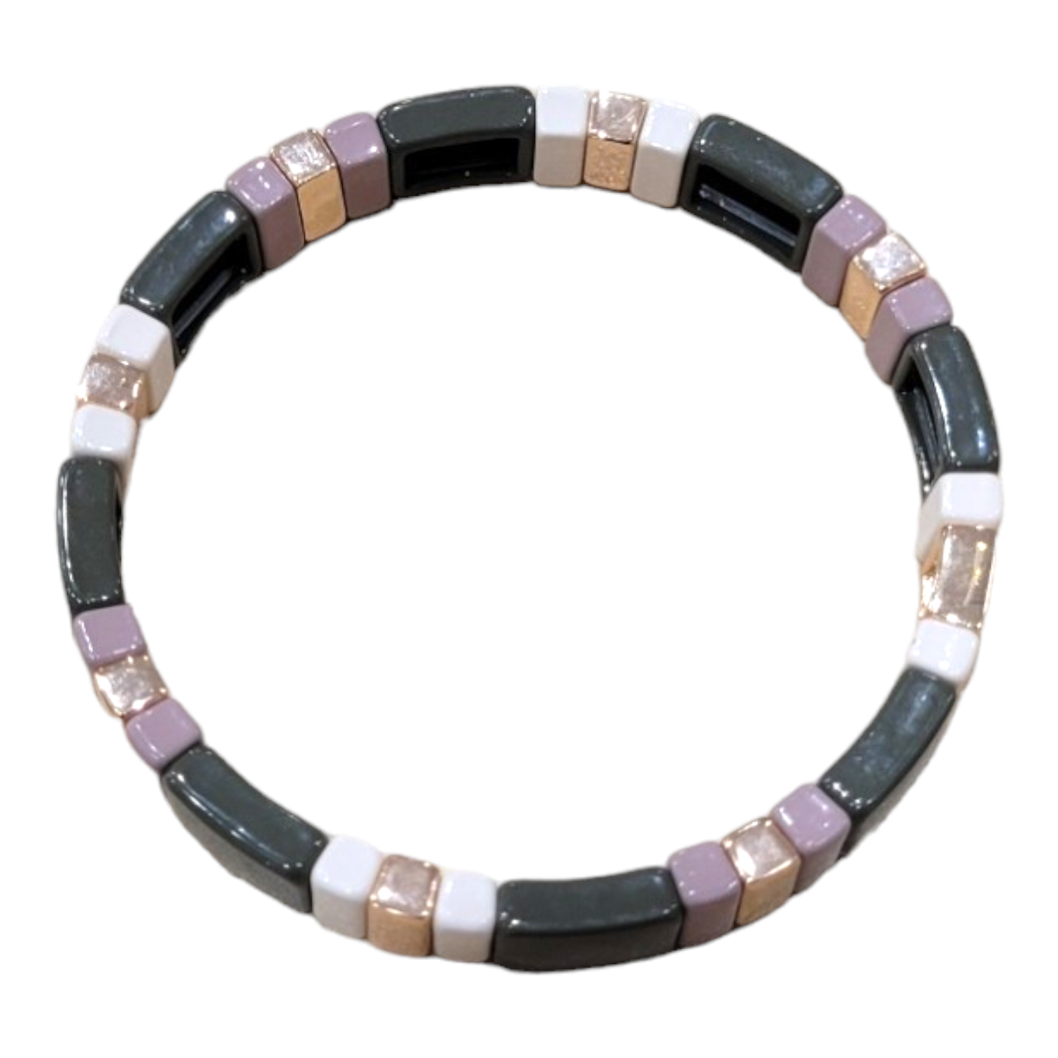 A beaded bracelet inspired by Nordic living, showcasing an elegant blend of green and beige rectangular enamel tile beads.