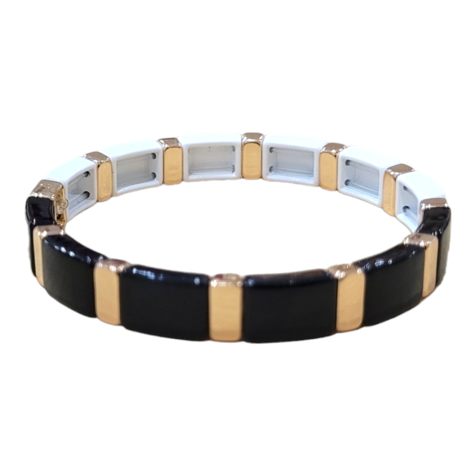 Presenting the A&C Oslo striking Bracelet: Black/White Enamel Tile, featuring rectangular links that alternate with black and gold tones.