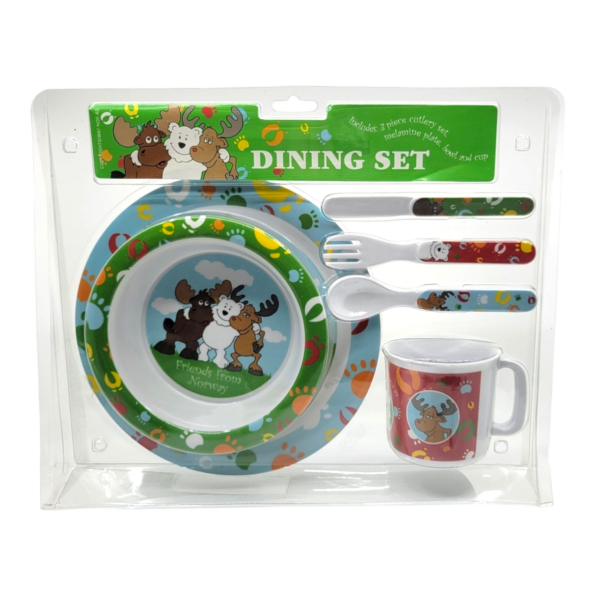 The Friend's from Norway 6 Piece Children's Melamine Dining Set includes a plate, bowl, cup, fork, spoon, and chopsticks decorated with cute moose and bear images. Comes in an attractive clear plastic display package.