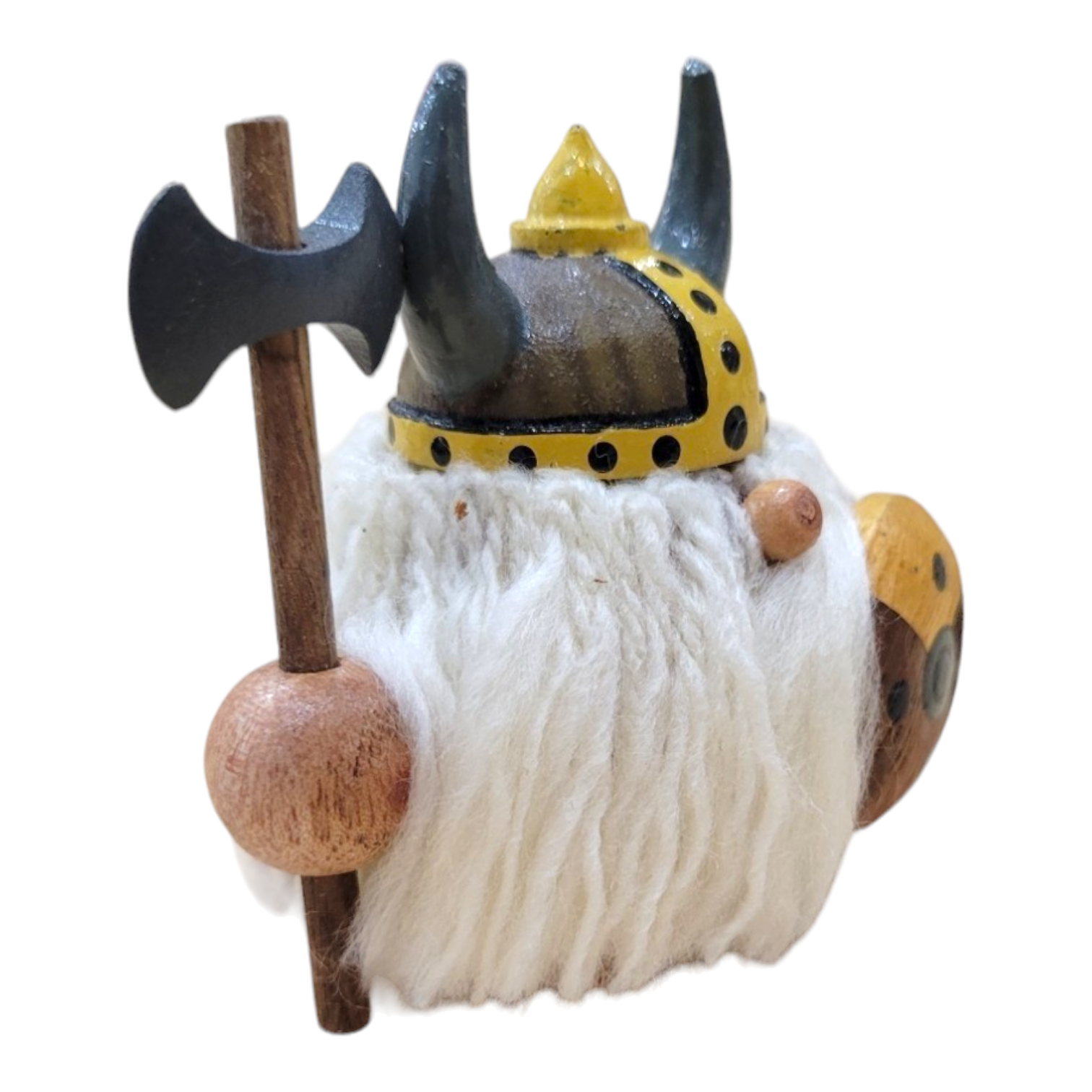 A Troll figurine named "Viking with Axe & Shield" made of resin and wood, featuring a horned helmet and a white woolen beard, while holding an axe.