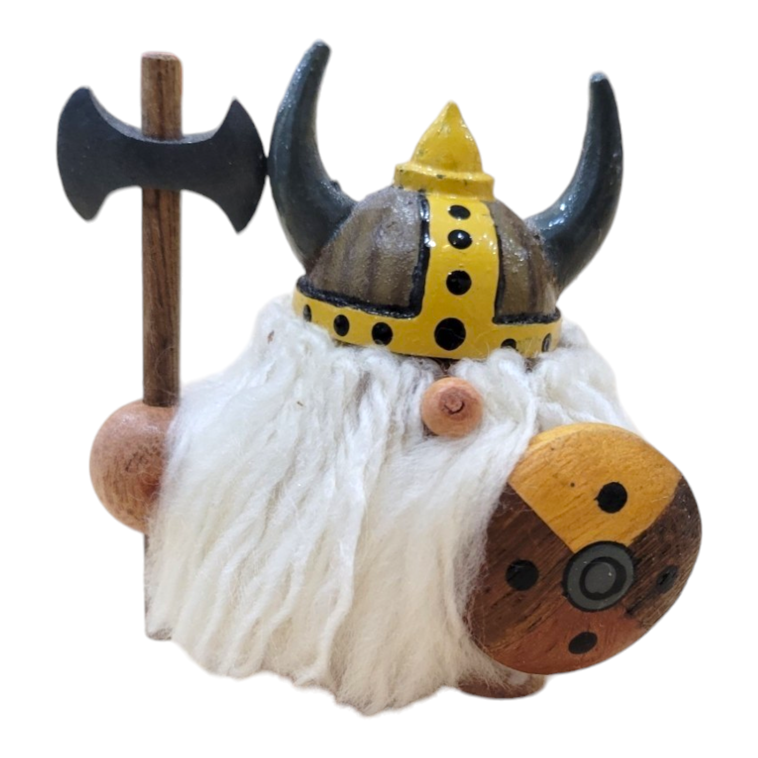 Introducing the "Troll: Viking with Axe & Shield (2.75")," an exquisite figurine meticulously crafted to capture the fierce spirit of Norse warriors. This piece, made from rich wood, features intricate details, including a horned helmet, woolen beard, round shield, and a menacing axe.