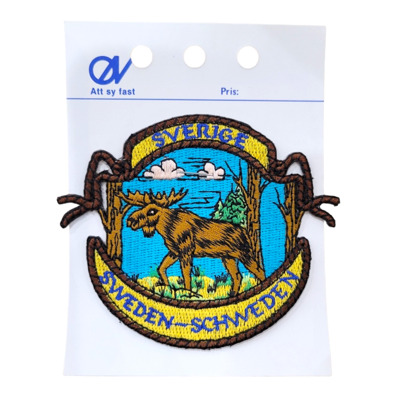 The "Patch: Full Moose Sweden" features an elaborate embroidery of a moose in a verdant forest, embellished with the words "Sverige Sweden," and is mounted on a white card with holes.