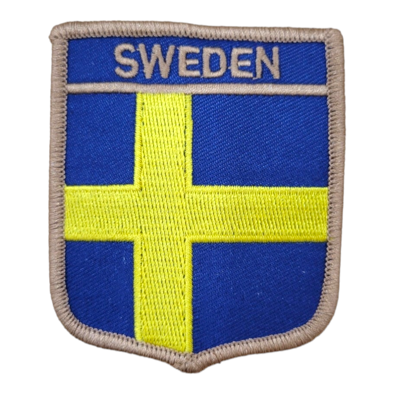 Product Name: Patch: Flag Sweden - This embroidery patch prominently displays the word "Sweden" at the top and features a striking yellow Nordic cross on a blue background, elegantly representing the Swedish flag.