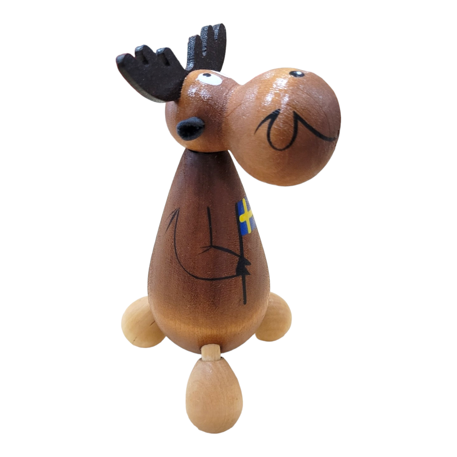 The Wooden Moose Massager, crafted from wood with painted details and featuring a small Swedish flag, is shown on a white background.