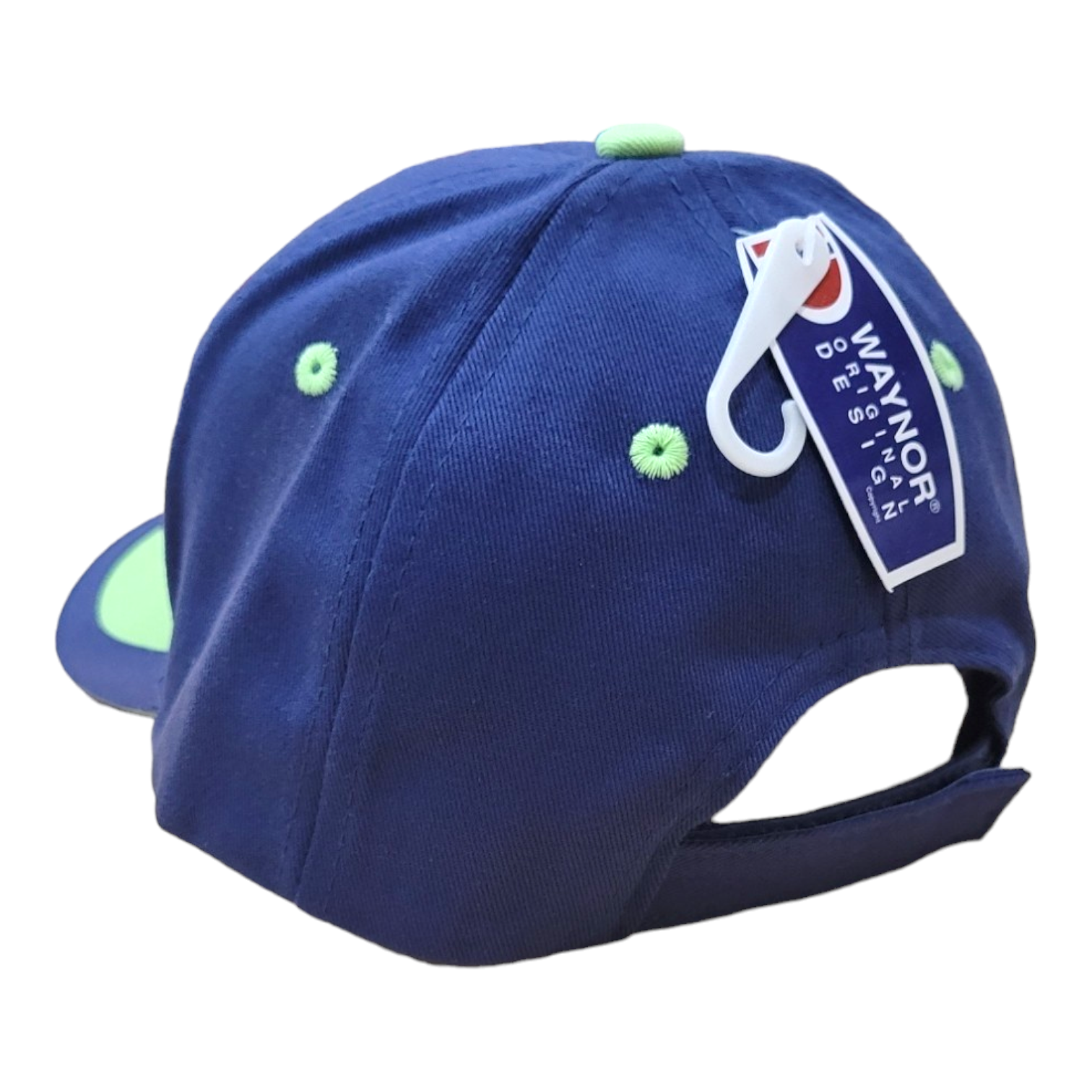 Add a playful flair to your outfit with the Hat: Baseball Cap Boys in blue and green, featuring a Velcro strap for easy adjustments. A tag that reads WAYNOR Designer sits proudly on top, reminiscent of Viking cartoons.