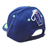 The Hat: Baseball Cap Child is a blue Norwegian cap with green accents, an adjustable back strap, and a Waynor Design tag—ideal for kids’ outfits and inspired by playful Viking cartoons.