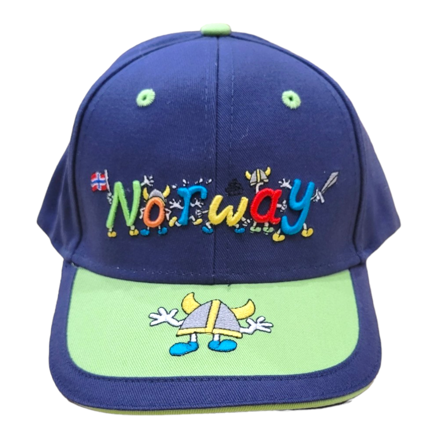 Introducing the Baseball Cap Boys: a vibrant blue and green cap adorned with an embroidered "Norway" on the front. This cap is embellished with Viking-themed artwork, featuring whimsical Viking cartoons and a striking Viking helmet detail along the brim. It also includes a convenient Velcro strap for easy size adjustment.