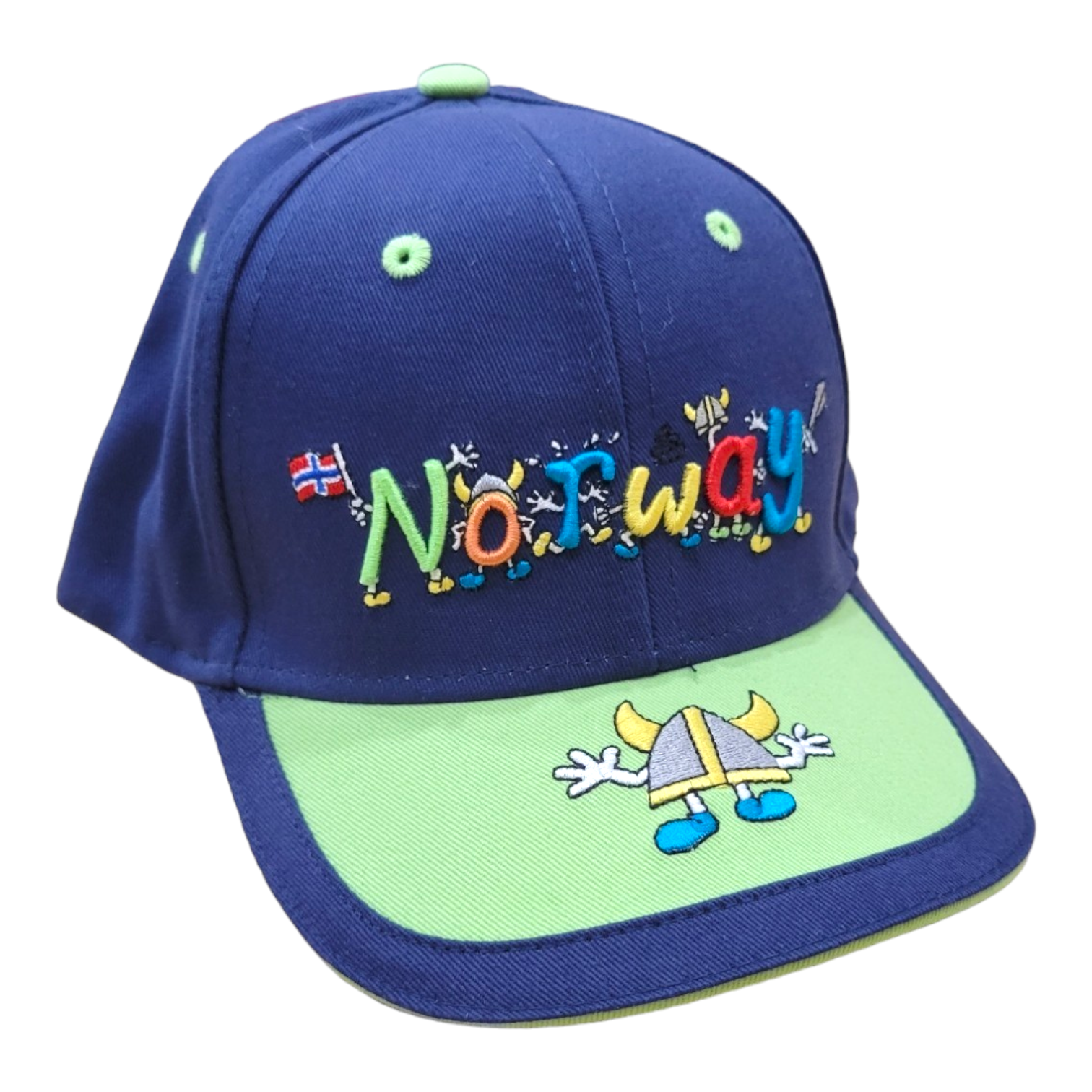 Introducing the Baseball Cap Boys: A stylish navy and green cap adorned with vibrant embroidered text "Norway," featuring playful Viking cartoon illustrations, a Norwegian flag, and a handy Velcro strap for easy adjustments.