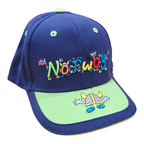 The Hat: Baseball Cap Child features blue and green colors, "Norway" with a small flag embroidered on the front, and a Viking cartoon lower body and shoes on the brim—perfect for adding playful Norwegian style to kids' outfits.