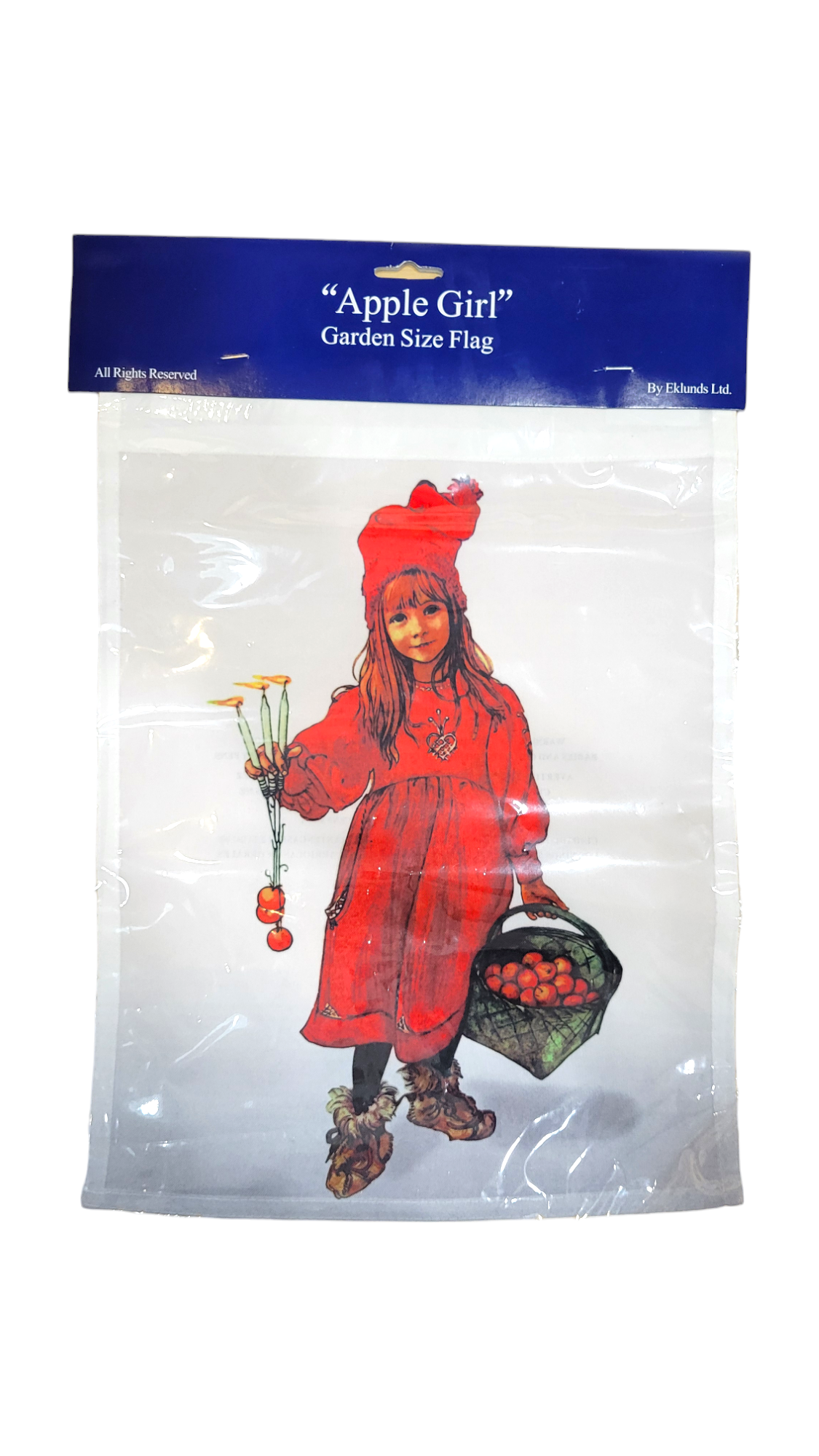 The product, 'Garden Flag: Apple Girl Artwork by Carl Larsson Garden Flag,' features a delightful depiction of a girl in a red outfit holding an apple basket and toy, complemented by a blue header.