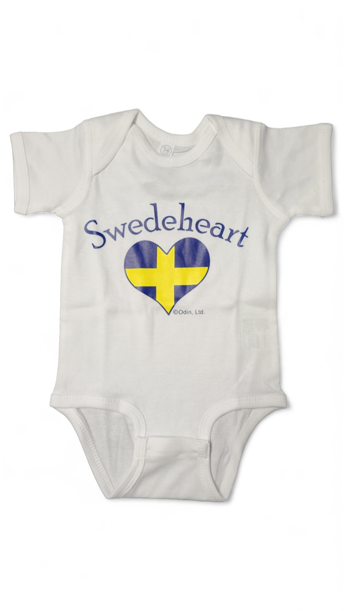 The Onesie: Sweden Swede Heart is a white 12-month baby bodysuit with Swedeheart above a heart-shaped Sweden flag graphic on the front.