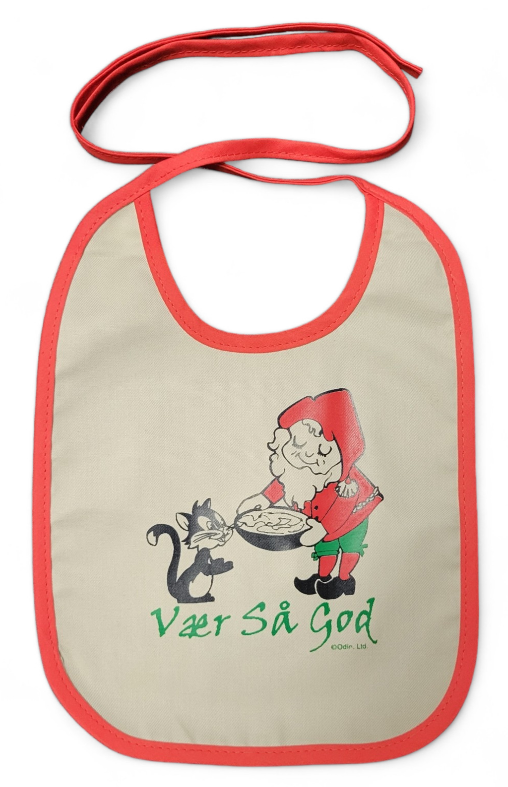 This charming "Bibs: Vaer Sa God" features a playful design with red trim, showcasing the smiling character Tomte in red beside a cat offering a bowl, along with the text "Vaer Sa God," making it an adorable addition to your child's mealtime.