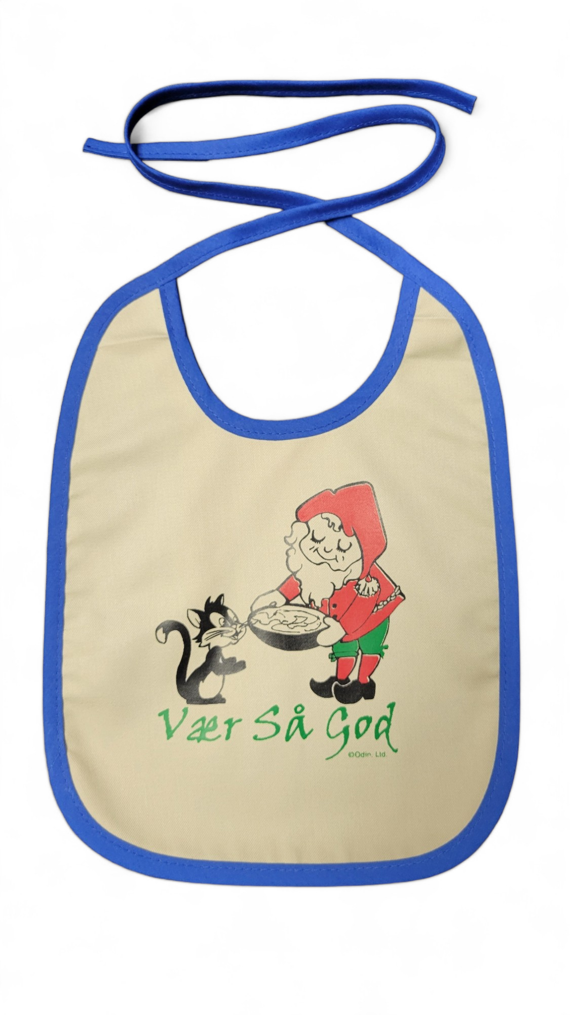 The "Bibs: Vaer Sa God" features a beige baby bib adorned with blue trim, illustrating a cartoon girl holding cookies next to a cat. The whimsical text, "Vaer Sa God," adds an endearing touch to this delightful piece.