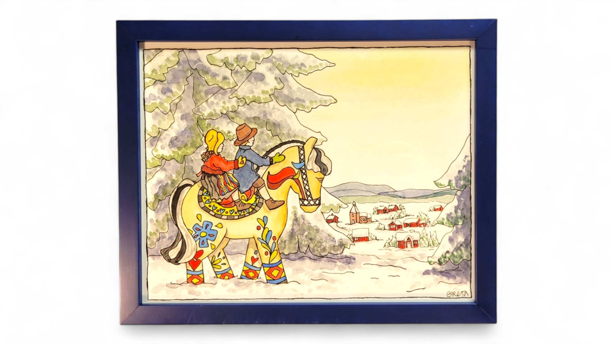 Winter's Ride" by Greta Lann is a framed artwork depicting two people riding a colorful Norwegian Fjord horse, with a panoramic view of a snowy village and landscape.