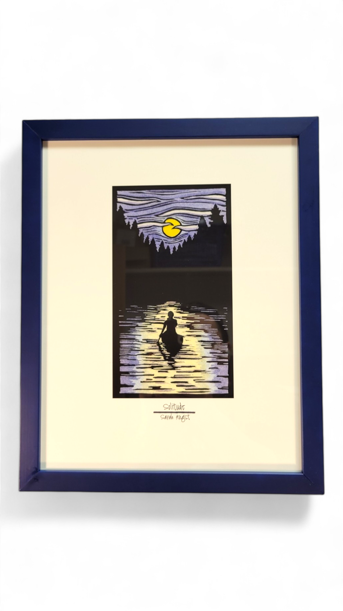 Discover the tranquility of "Solitude Canoe" by Sarah Angst, an 11"x14" giclee print that beautifully captures a person in a canoe on a moonlit lake, framed by a serene treeline.