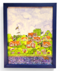 Artwork titled "Brändaholm" by Greta Lann, featuring a framed painting of a scenic village adorned with red and white houses, Swedish flags, lush greenery capturing the essence of Karlskrona's Brändaholm charm, and a calm body of water in the foreground.