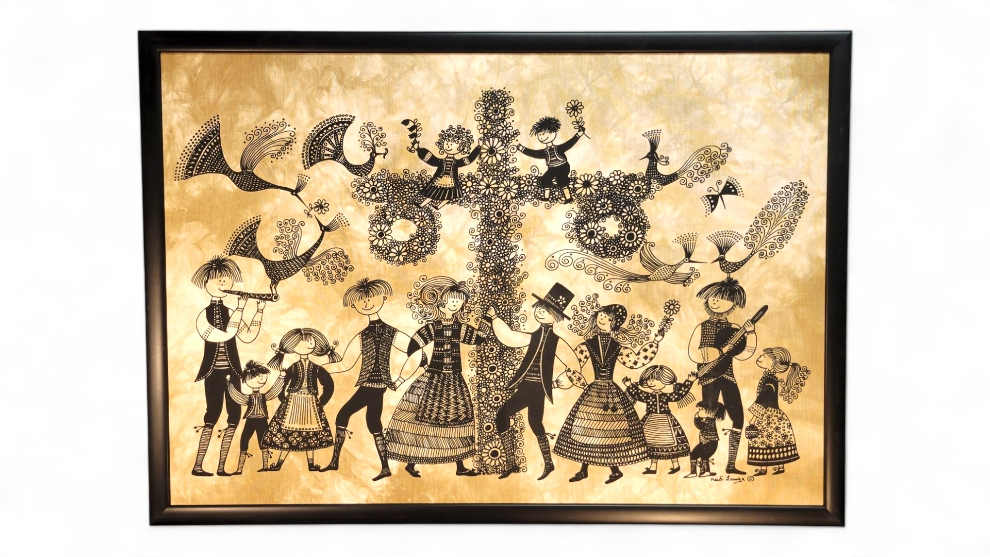 Heidi Langes Maypole silkscreen (40x29) features a joyous celebration with people playing musical instruments and dancing around a decorative tree, depicted in black and white on a shimmering gold-toned background.