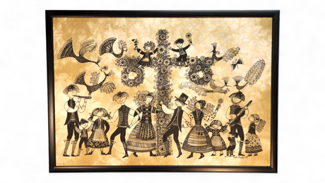 Framed silk screen print titled "Maypole" (40"x29") by Swedish artist Heidi Lange, depicting people in traditional dress dancing and playing instruments around a tree, in black and gold tones.