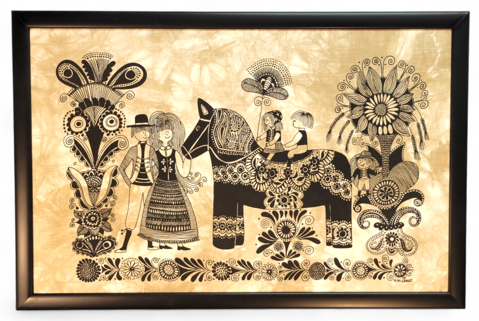 Heidi Langes framed silkscreen, Dala Horse & Family, depicts a couple, horse, and two children surrounded by intricate black floral patterns on a beige backdrop. Measuring 27.5x19 inches, it captures rustic charm and timeless elegance.