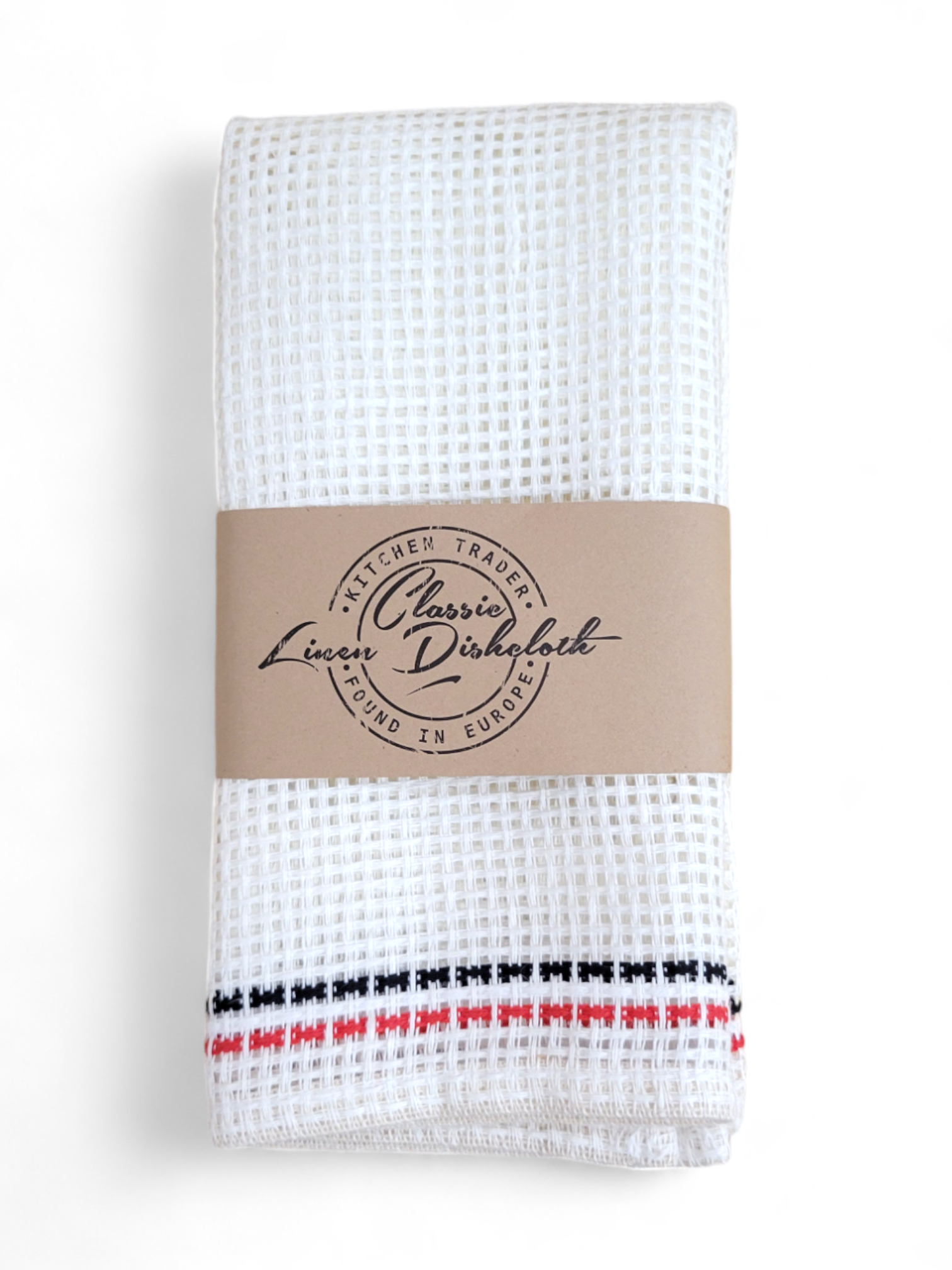 Dish Cloth: Classic Linen Dishcloth wrapped in a brown paper label, featuring white fabric with red and black decorative stripes. Its natural linen properties ensure faster drying.