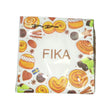 The Fika from Sweden napkins, sized 5x5, are biodegradable and feature delightful illustrations of pastries and cinnamon sticks on a black background, capturing the spirit of a Swedish coffee break.