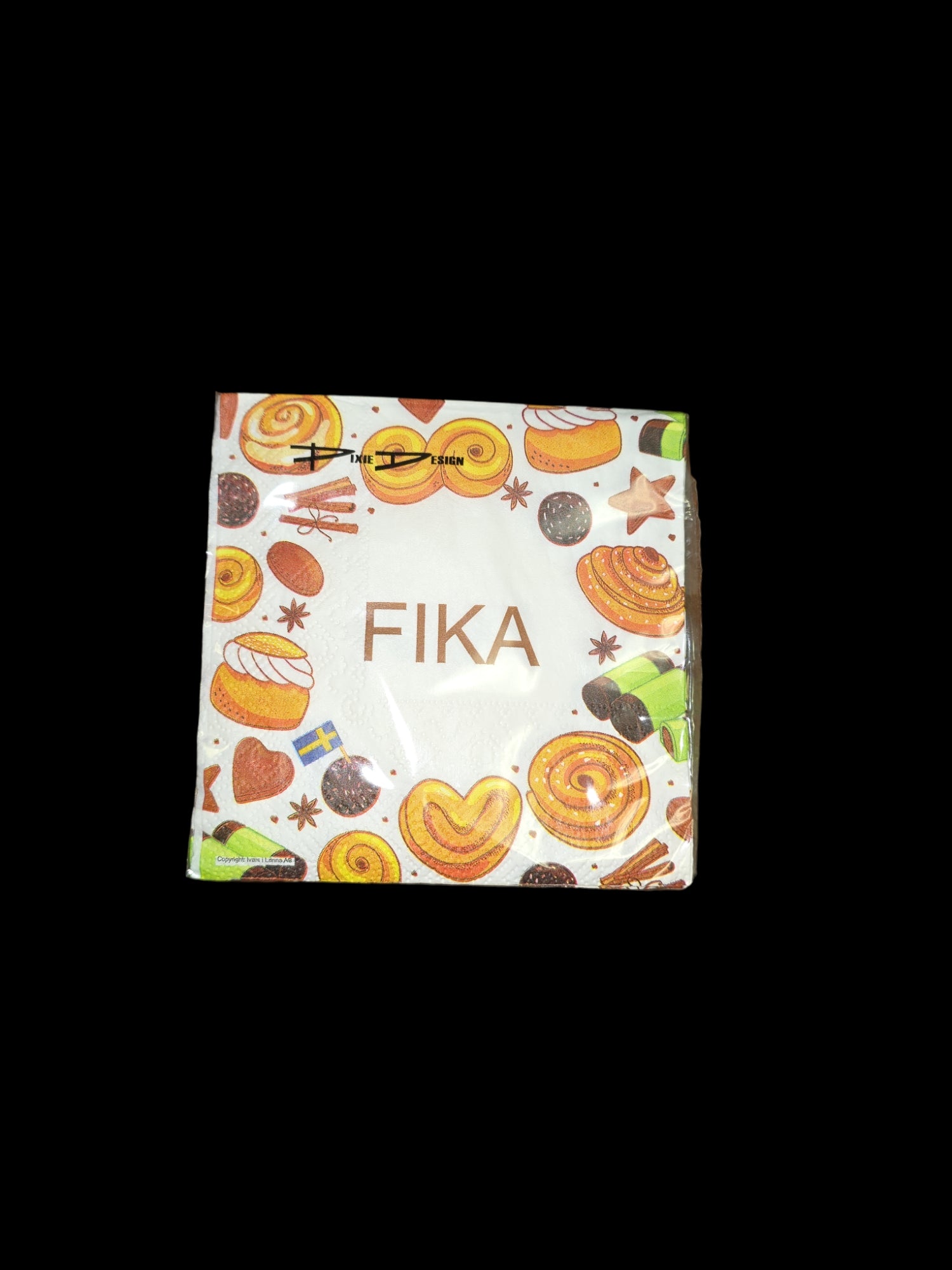 Introducing the Napkins: Fika, beautifully designed with charming pastry illustrations on a black backdrop, ideal for enhancing your Swedish coffee break.