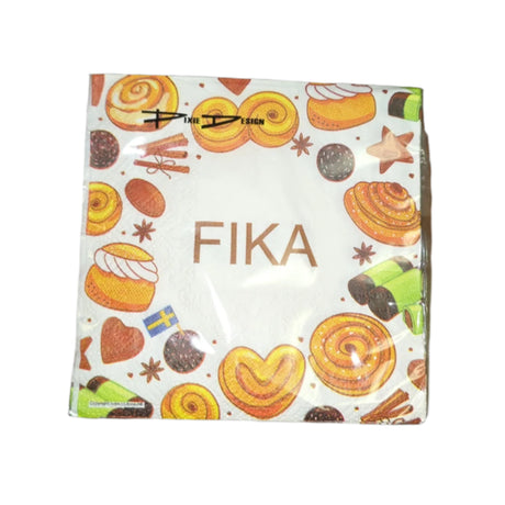 The Fika from Sweden napkins, sized 5x5, are biodegradable and feature delightful illustrations of pastries and cinnamon sticks on a black background, capturing the spirit of a Swedish coffee break.